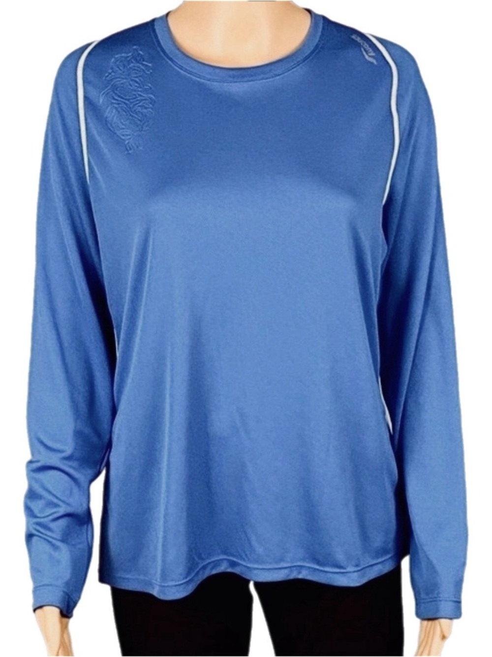 SAUCONY blue with white trim athleisure long sleeve performance top Large